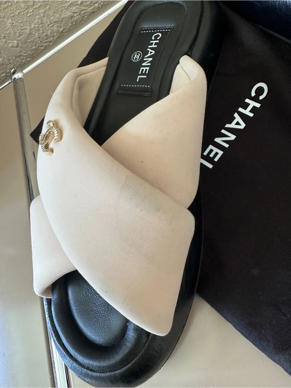 CHANEL Pink Crossband Slide Sandals with Gold CC